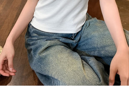 Tank Frill Plain Trim Crewneck Top