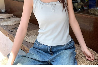 Tank Frill Plain Trim Crewneck Top