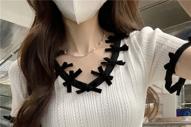 Short-Sleeve Top Trim Lace Knit V-Neck Crop Plain