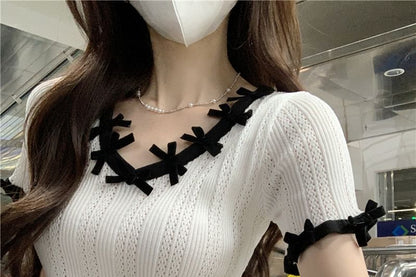 Short-Sleeve Top Trim Lace Knit V-Neck Crop Plain