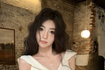 Cap-Sleeve V-Neck Crop Top Plain