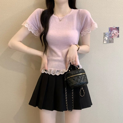 Plain Crewneck Tee Trim Short-Sleeve Lace