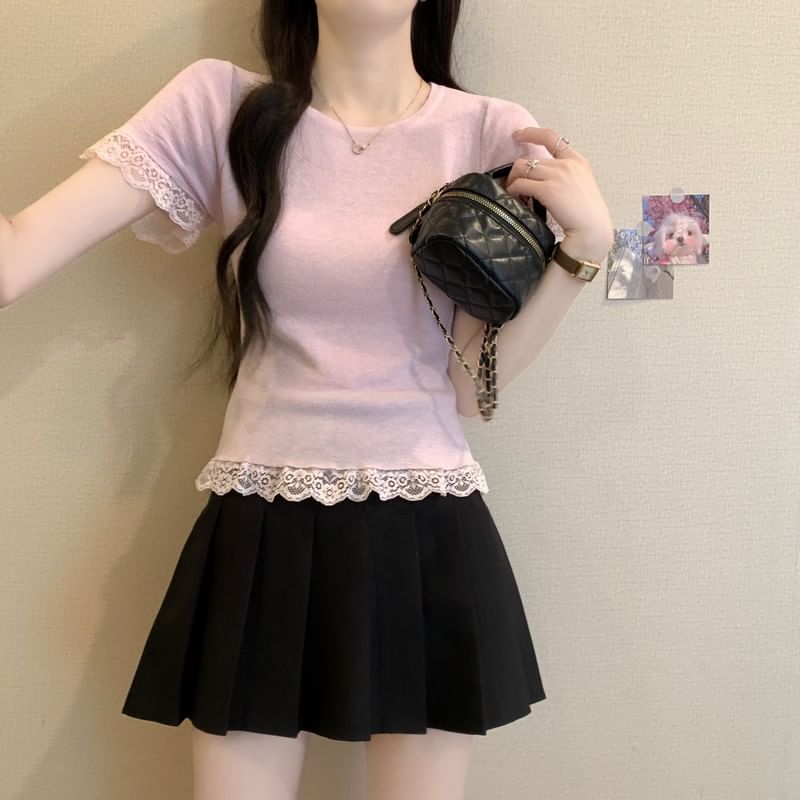 Plain Crewneck Tee Trim Short-Sleeve Lace