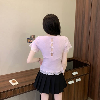 Plain Crewneck Tee Trim Short-Sleeve Lace