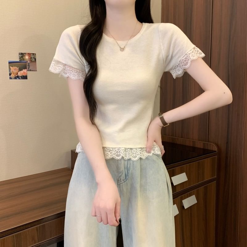 Plain Crewneck Tee Trim Short-Sleeve Lace