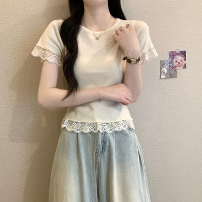 Plain Crewneck Tee Trim Short-Sleeve Lace
