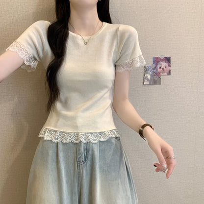 Plain Crewneck Tee Trim Short-Sleeve Lace