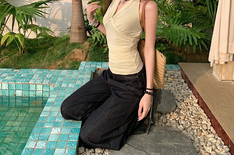 Crop Sleeveless Rhinestone V-Neck Top