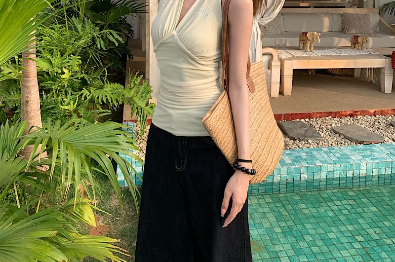 Crop Sleeveless Rhinestone V-Neck Top