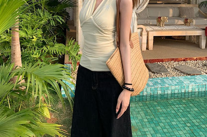 Crop Sleeveless Rhinestone V-Neck Top