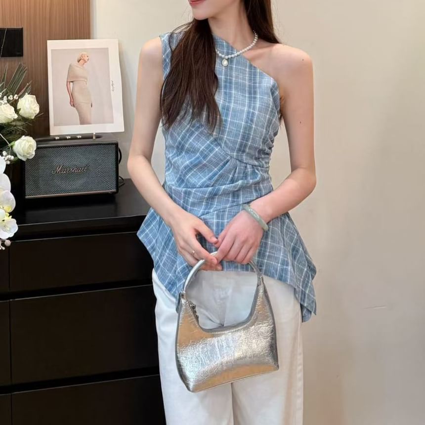 Top Plaid Sleeveless Asymmetrical