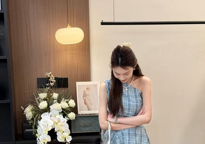 Top Plaid Sleeveless Asymmetrical