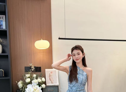 Top Plaid Sleeveless Asymmetrical