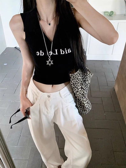 Tank Top Crop V-Neck Lettering