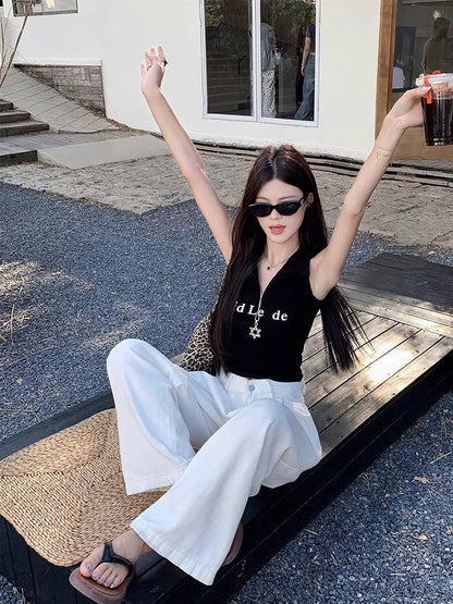 Tank Top Crop V-Neck Lettering