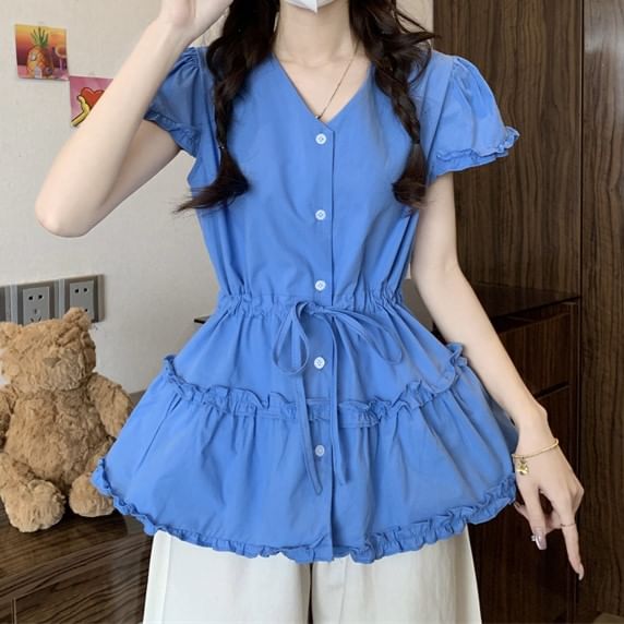 Short-Sleeve V-Neck Shirt Plain Flowy Frill Trim