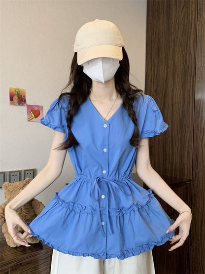 Short-Sleeve V-Neck Shirt Plain Flowy Frill Trim