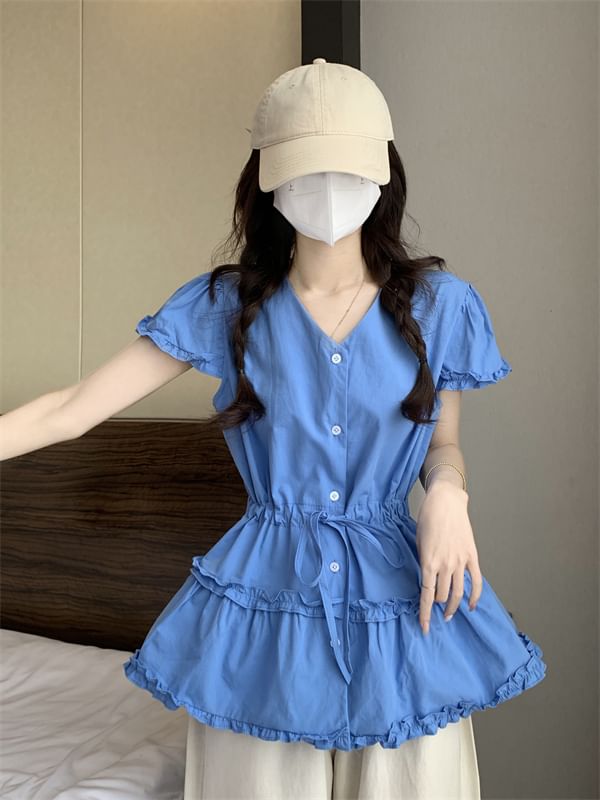 Short-Sleeve V-Neck Shirt Plain Flowy Frill Trim