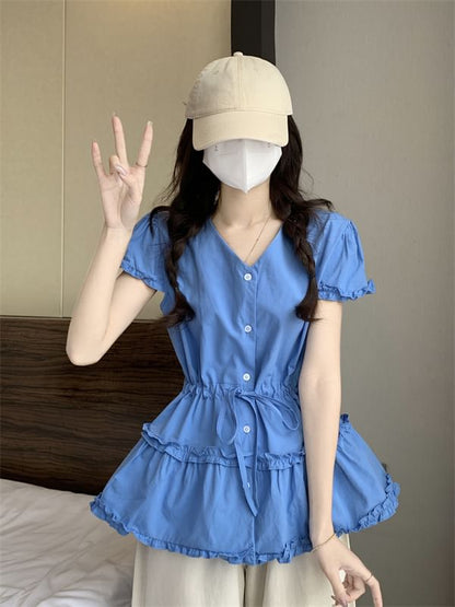 Short-Sleeve V-Neck Shirt Plain Flowy Frill Trim