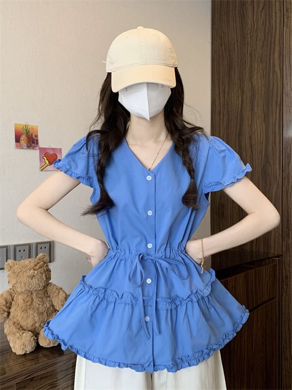 Short-Sleeve V-Neck Shirt Plain Flowy Frill Trim