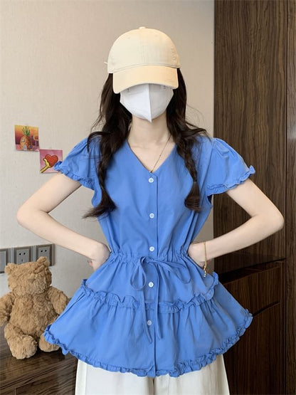 Short-Sleeve V-Neck Shirt Plain Flowy Frill Trim