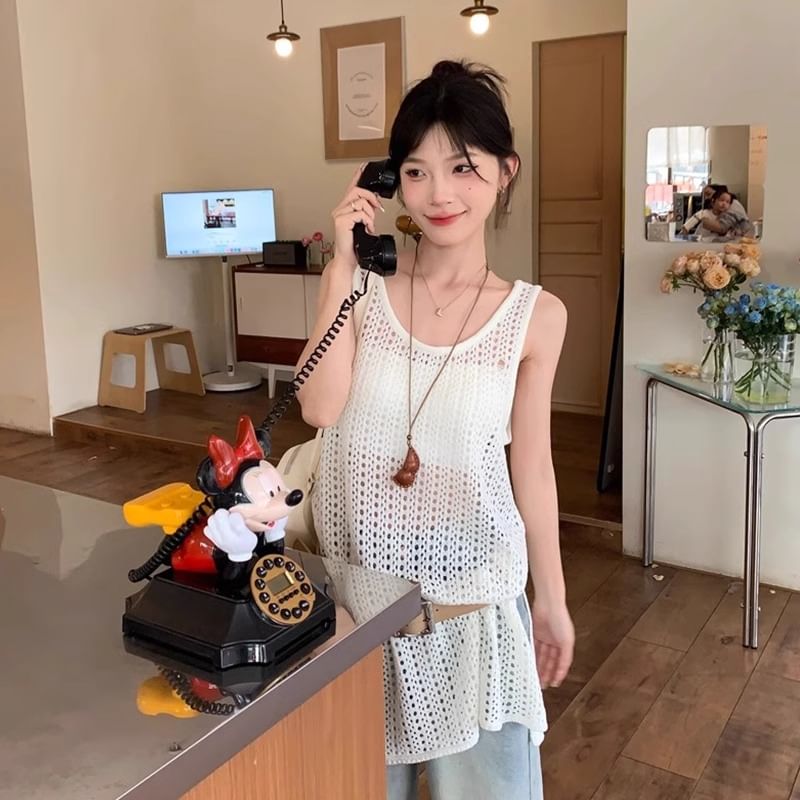 Knit Hem Plain Top Slit Sleeveless