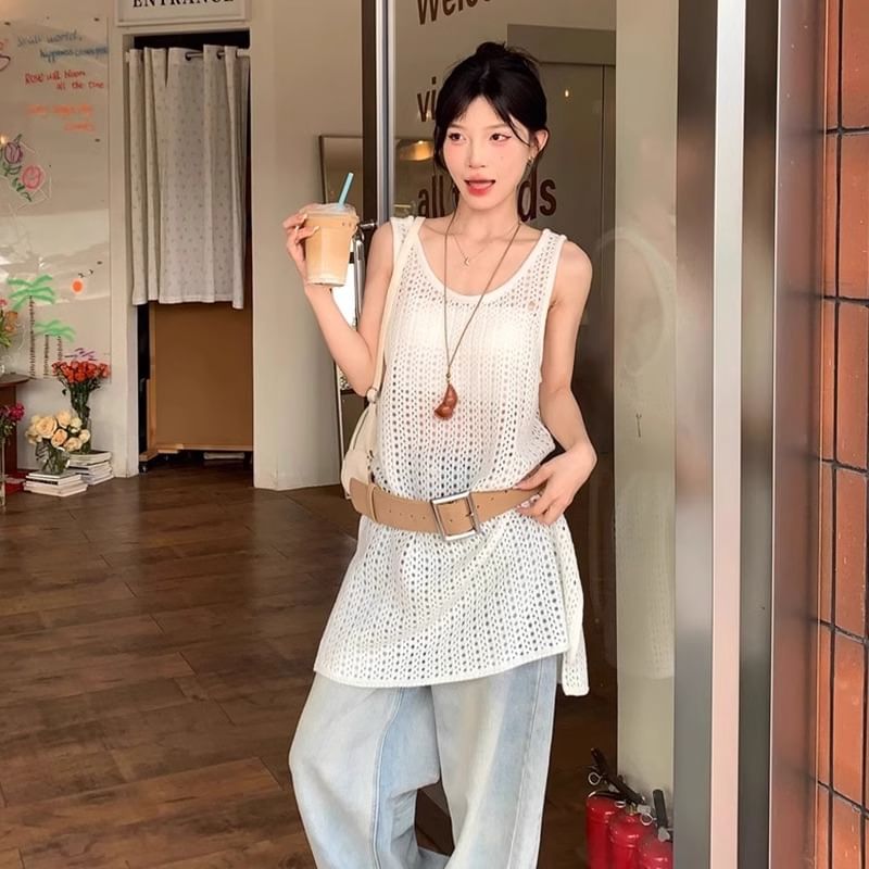 Knit Hem Plain Top Slit Sleeveless