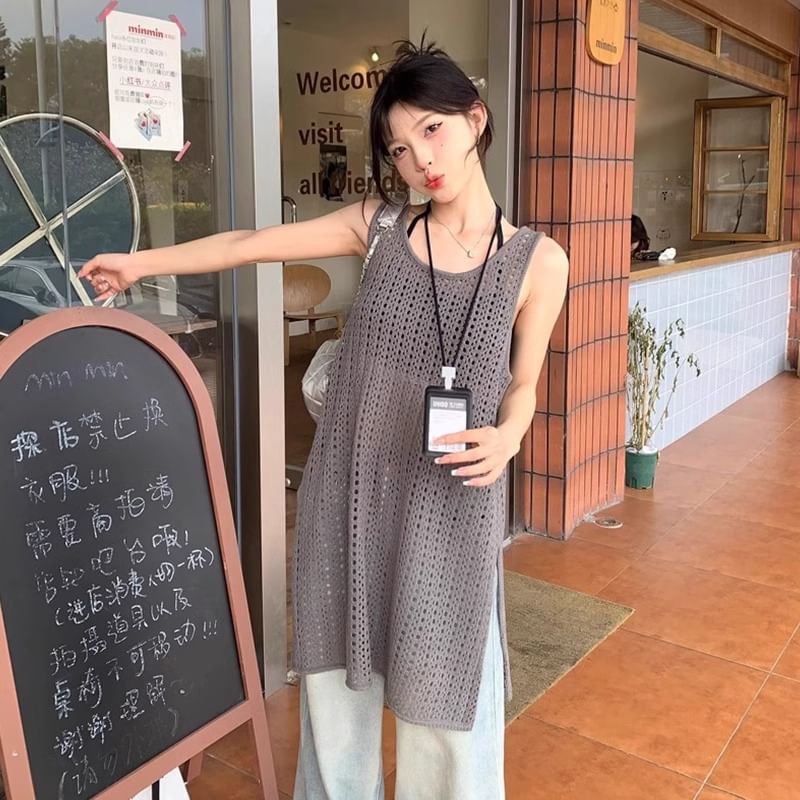Knit Hem Plain Top Slit Sleeveless