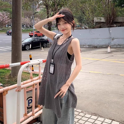 Knit Hem Plain Top Slit Sleeveless