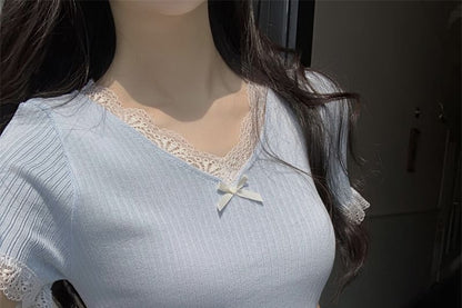 Top Short-Sleeve V-Neck Plain Knit Lace Trim