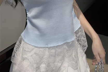 Top Short-Sleeve V-Neck Plain Knit Lace Trim