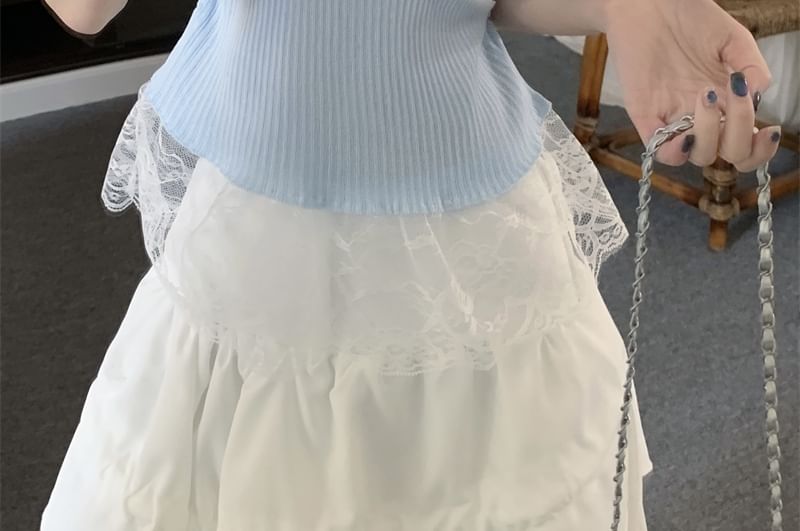 Top Short-Sleeve V-Neck Plain Knit Lace Trim