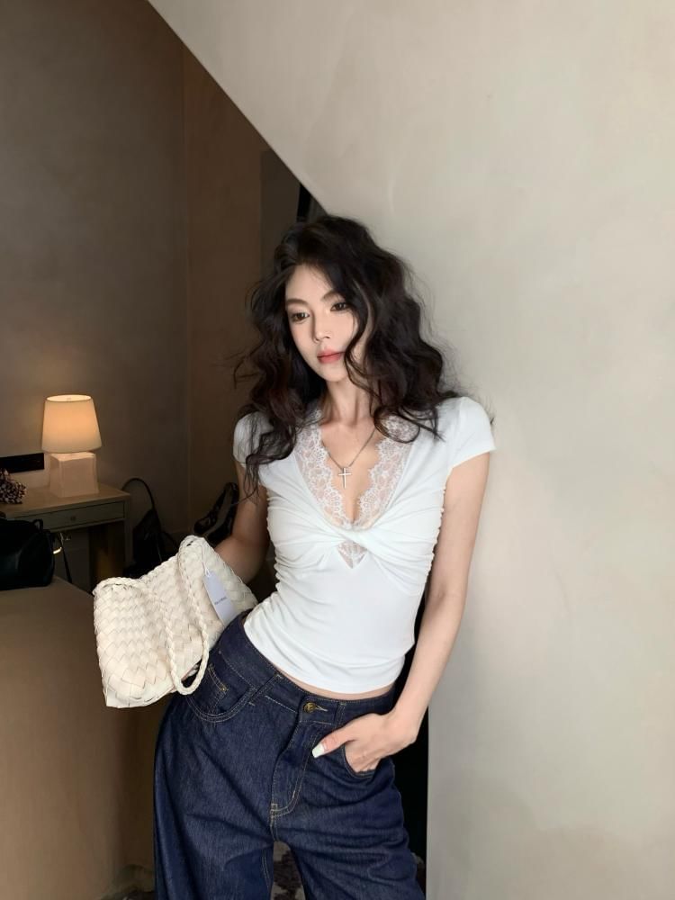 Cap-Sleeve V-Neck Lace Trim Crop Top