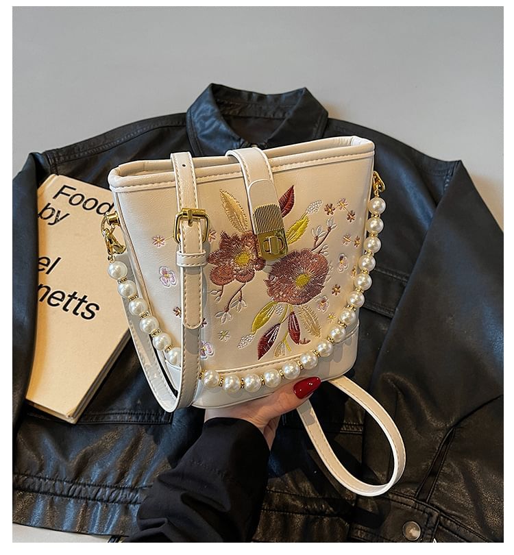 Bag Pearl Floral Bucket Embroidered Strap Faux