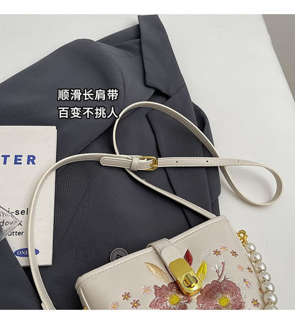 Bag Pearl Floral Bucket Embroidered Strap Faux