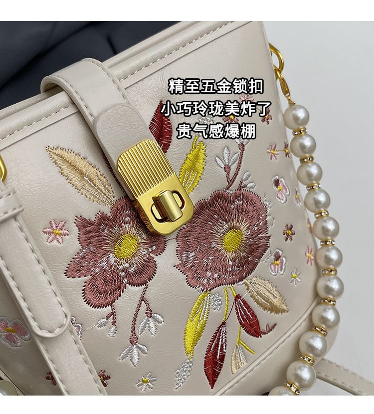 Bag Pearl Floral Bucket Embroidered Strap Faux