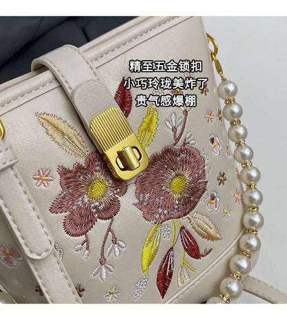 Bag Pearl Floral Bucket Embroidered Strap Faux