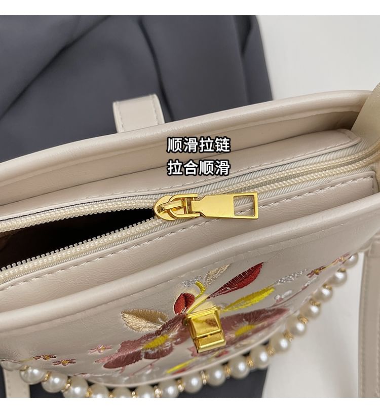 Bag Pearl Floral Bucket Embroidered Strap Faux