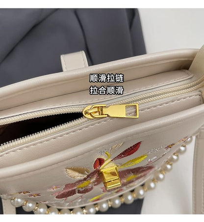 Bag Pearl Floral Bucket Embroidered Strap Faux