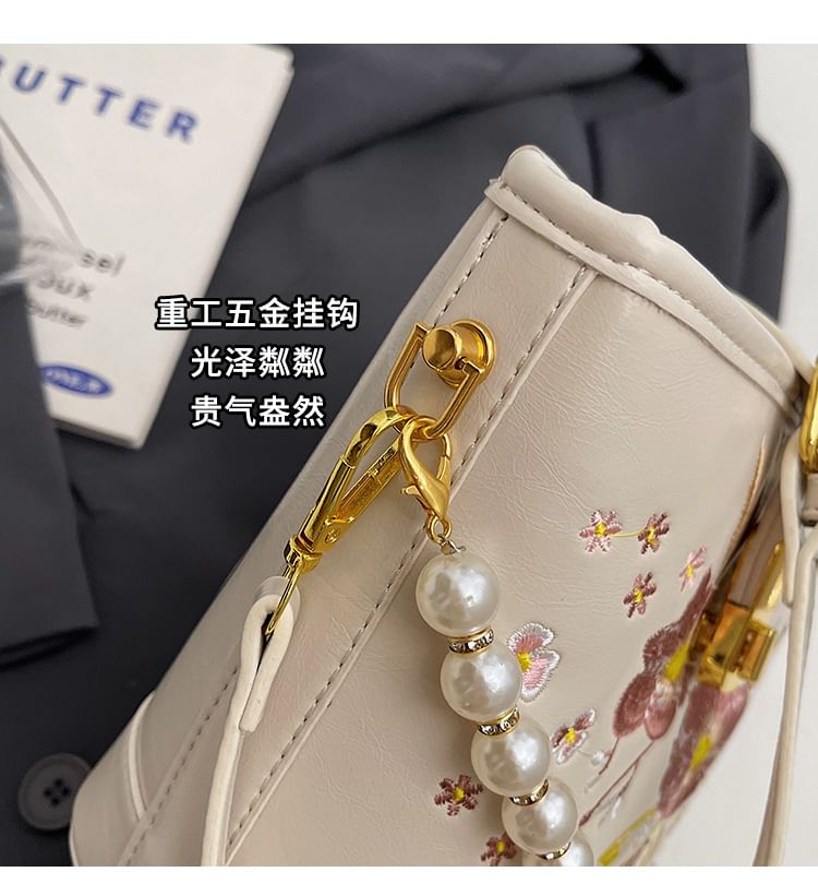 Bag Pearl Floral Bucket Embroidered Strap Faux