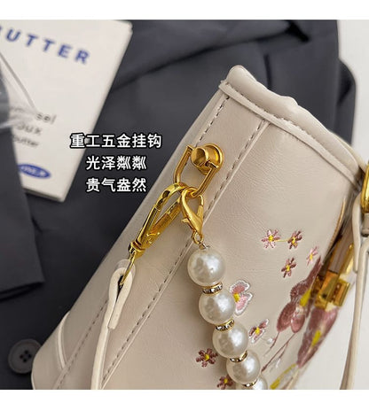 Bag Pearl Floral Bucket Embroidered Strap Faux