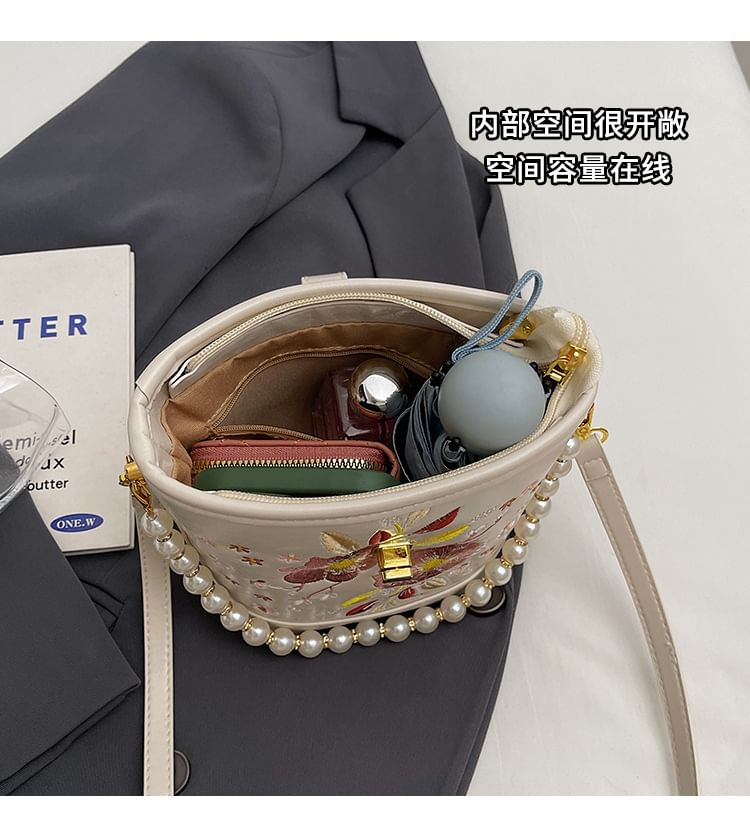 Bag Pearl Floral Bucket Embroidered Strap Faux