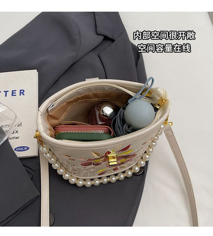 Bag Pearl Floral Bucket Embroidered Strap Faux