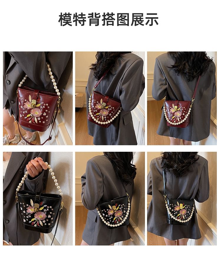 Bag Pearl Floral Bucket Embroidered Strap Faux