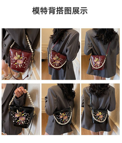 Bag Pearl Floral Bucket Embroidered Strap Faux