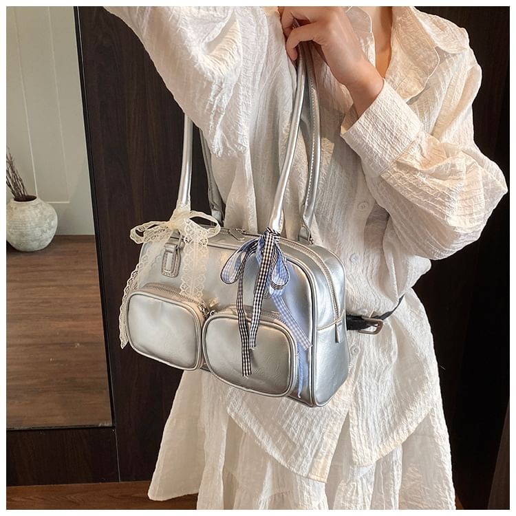 Leather Plain Bag Faux Bowler