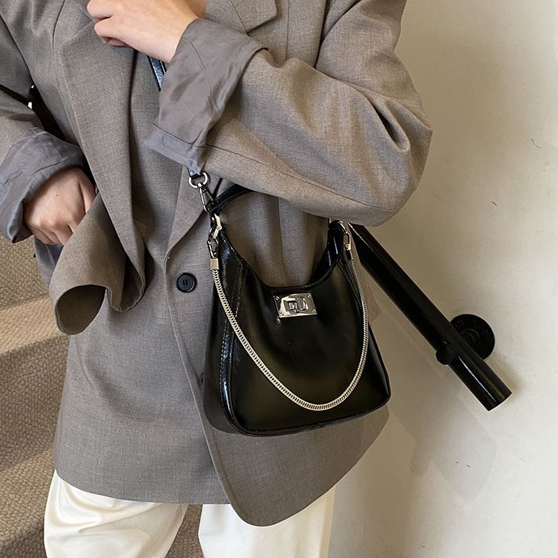 Bag Twist Lock Leather Handle Top Faux Crossbody