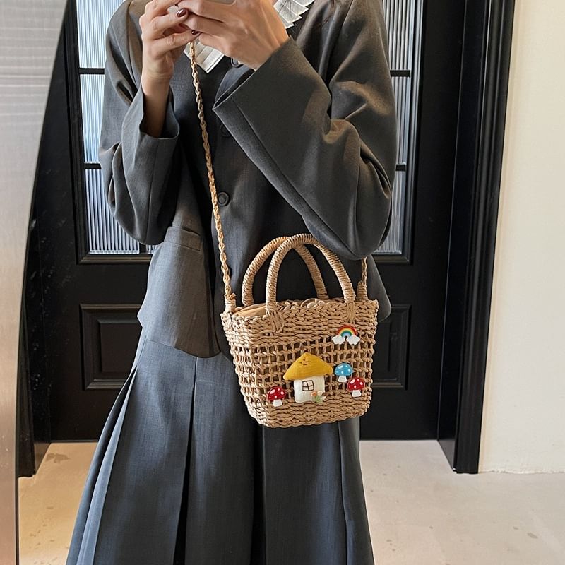 Crossbody Bag Handle Top Mushroom Applique Straw