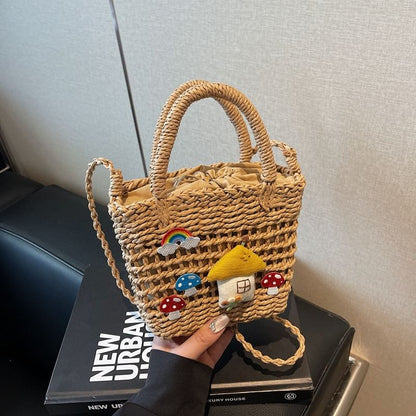 Crossbody Bag Handle Top Mushroom Applique Straw