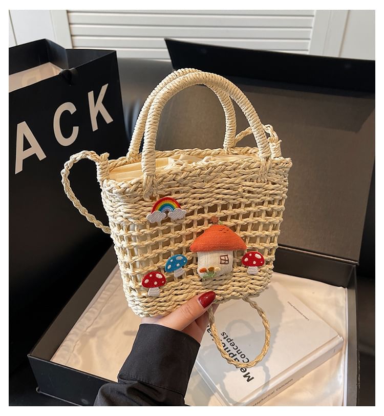 Crossbody Bag Handle Top Mushroom Applique Straw